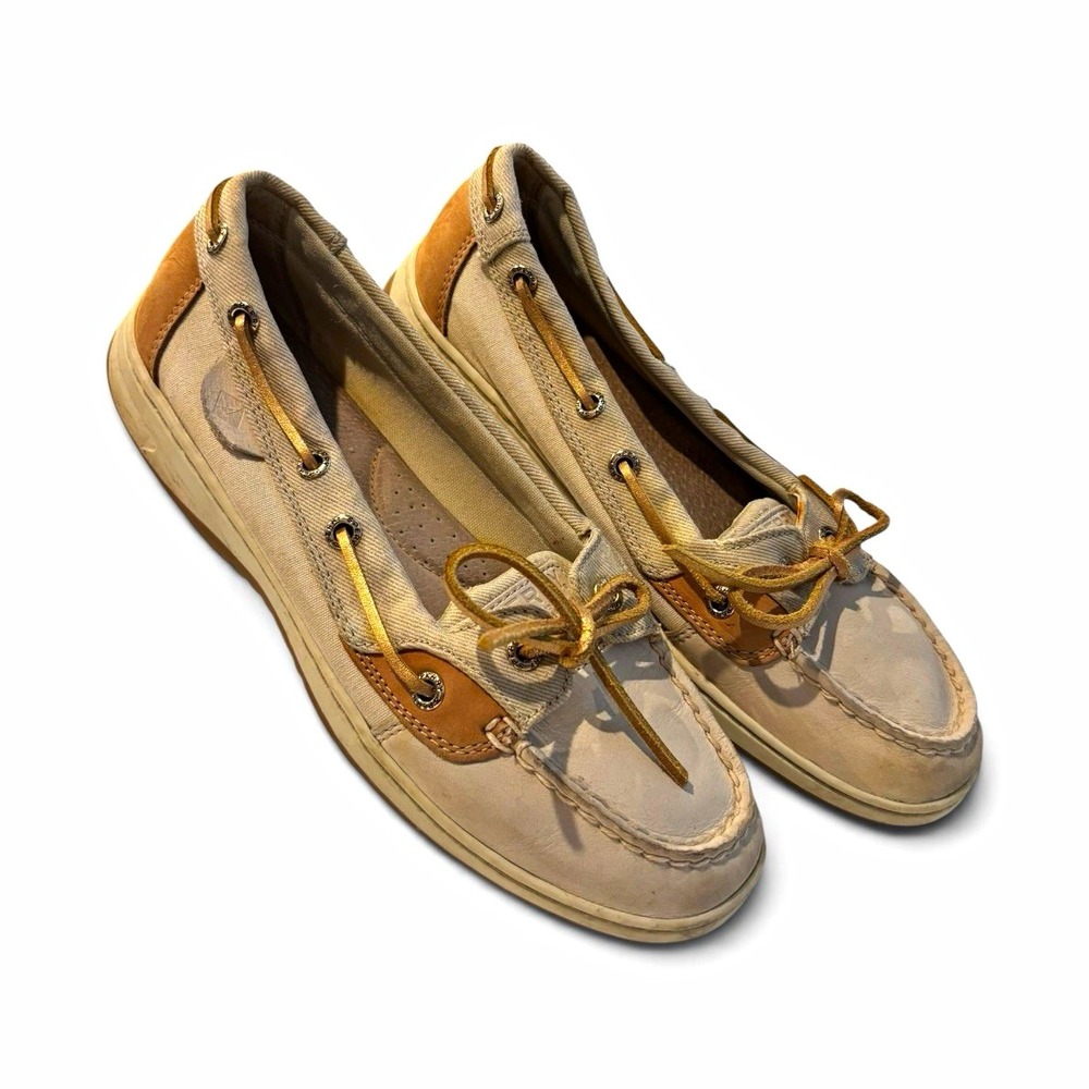 Sperry Top-Sider Women's 7.5 Boat Shoes Beige Tan Gold Leather Canvas Loafers